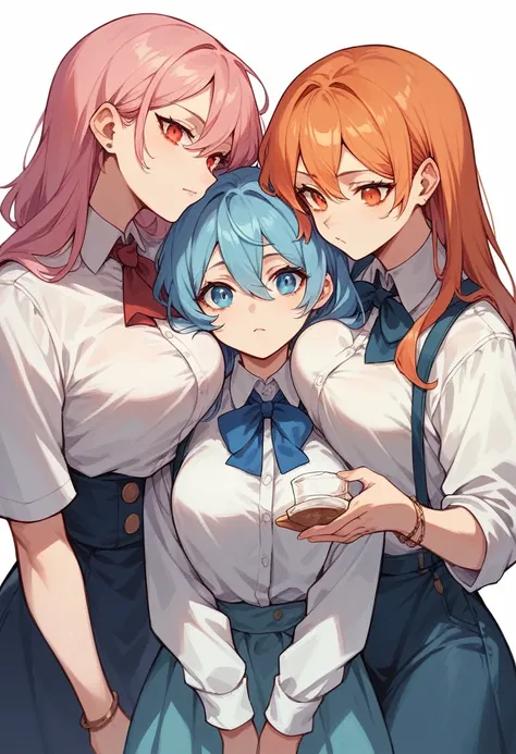 3 girls, one girl with pink hair, red eyes and the other long blue hair and blue eyes and the other orange hair and orange eyes