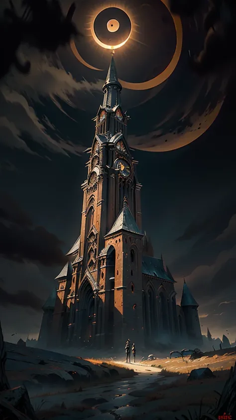 (masterpiece:1.5), Highest quality, Very detailed, Dark fantasy tower with pointed roof, Wide base, Dark Tower, Centered focus, View from the bottom of the tower, Apocalypse, (eclipse:1.4), landscape, Dark atmosphere, Dark Fantasy Style, amazing emotions, ...