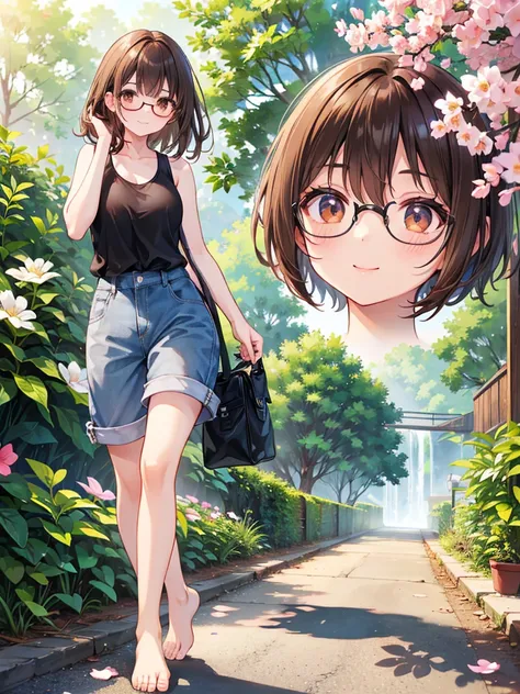 1 woman、brown hair(long)、brown eyes、black round glasses、 best quality、Super detailed、8K resolution、Raw photo、muste piece、seductive 、sleeveless tank top, demin overall short, gorgeous face、perfect body、spring scenery、barefoot, stroll、smile