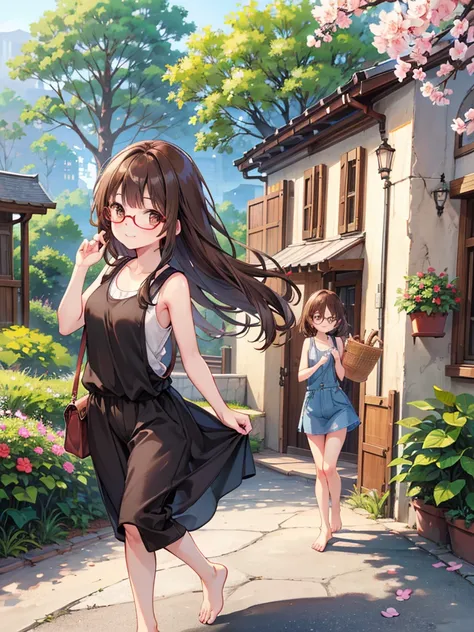 1 woman、brown hair(long)、brown eyes、black round glasses、 best quality、Super detailed、8K resolution、Raw photo、muste piece、seductive 、sleeveless tank top, demin overall short, gorgeous face、perfect body、spring scenery、barefoot, stroll、smile