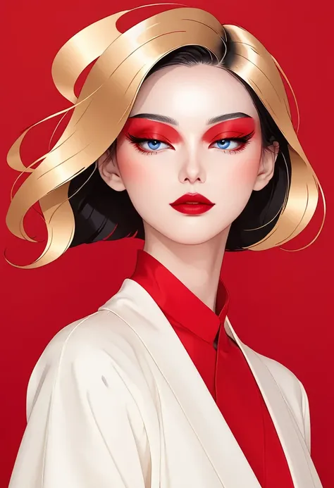 a flat illustration of a fashion girl, exaggerated pose,sapphire red vs gold cloth and hair,minimalist art,pure klein red background, in the style of suprematism ，elegant Shanghai woman,beautiful eyes,long eyelashes,red lips,random shots,smooth lines, pure...