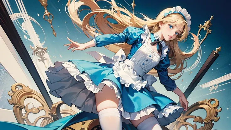 masterpiece, Highest quality, Portraiture, 1 Girl, (Alice in Wonderland:1.2), Blue clothes, White apron, Blonde, blue eyes, Usagi, Trump, Tea cup, White lace thigh high socks, Miniskirt lift, Half Body, Dynamic pose