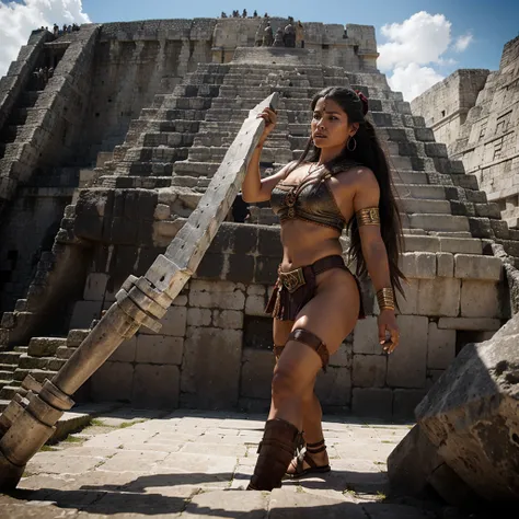 Mayan Goddess of War, beautiful in battle at the foot of a Mayan pyramid