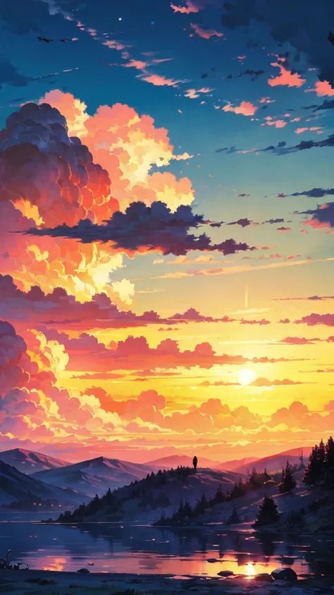 "Enchanting sunset moment with a girl enchanted by the magnificent golden sunlight and swirling clouds, evoke a sense of awe and vibrant colors. masterpiece."