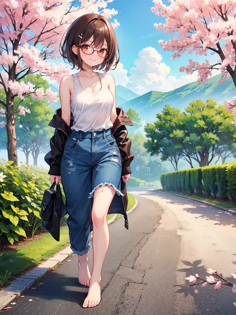 1 woman、brown hair(long)、brown eyes、black round glasses、 best quality、Super detailed、8K resolution、Raw photo、muste piece、seductive, tank top, demin overall short, gorgeous face、perfect body、spring scenery、barefoot, stroll、smile