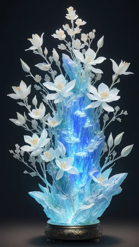 Highest quality, Realistic, photoRealistic,  Super detailed, "Mountain of flowers and fruits+Fairy+Chinese architecture" Very detailed carving "Southern Ice" porcelain,Ultra Wide Angle,Accent lighting,Volumetric lighting,Backlight, (Detailed light),((Very ...