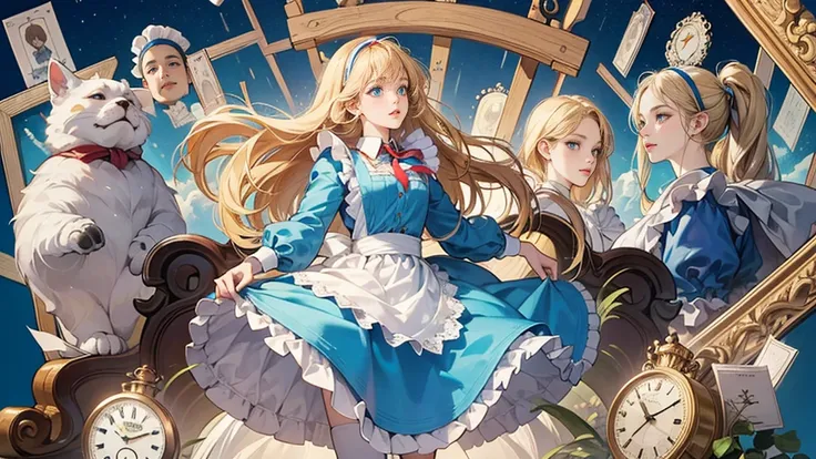 masterpiece, Highest quality, Portraiture, One Girl, (Alice in Wonderland:1.2), Blue clothes, White apron, Blonde, blue eyes, Usagi, Trump, Tea cup, White lace thigh high socks, Miniskirt lift, Half Body, Dynamic pose