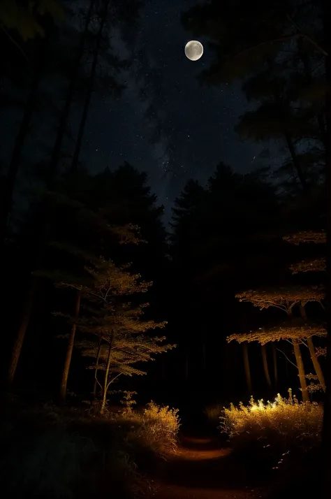 Dark pine forest at night with fireflies, phantasy , cinematic,  high resolution, high-quality , silver moon, dim light,  illuminated dust particles