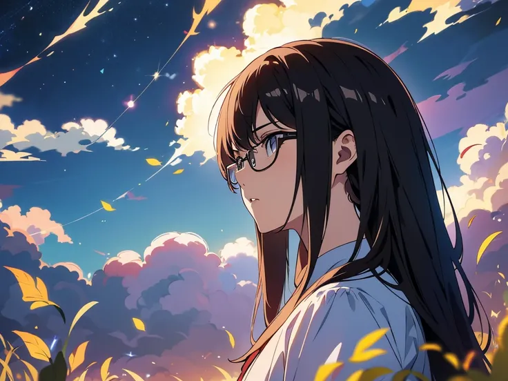 ."A determined FBI agent with black glasses and black hair stands in an open field, gazing up at the evening sky. The perspective places the viewer directly in front of him, capturing the intensity in his eyes as he contemplates the mysteries above, perhap...