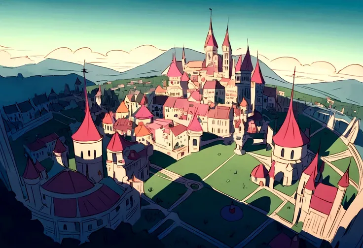 Make the background a modern city in the style of the cartoon series Gravity Falls and Star vs the Forces of Evil with an aerial view