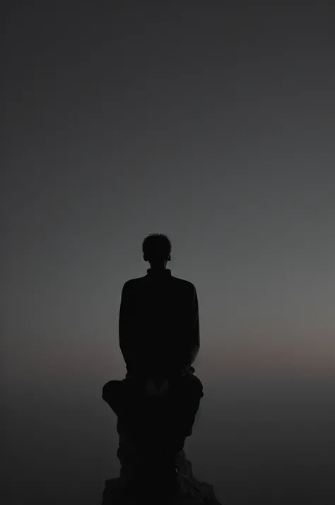 Lonely man looking at the sky, sitting on the edge of a dark abyss, black edges, twilight, cold and black colors, little more clarity in man, golden light on man&#39;s head