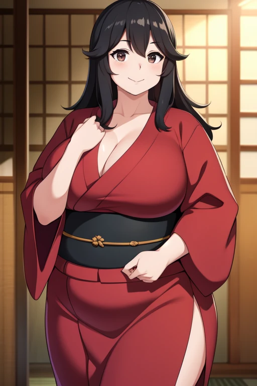 Plump year 21 big breasts black hair brown eyes chubby happy longer hair smile red kimono