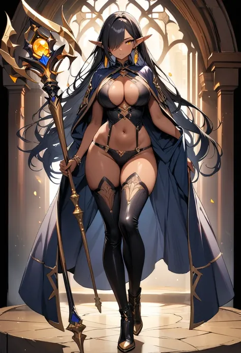 (masterpiece:1.2), (highest quality:1.2), 1girl, solo, pointy-ears, dark-skin, breasts, dark-skinned-female, staff, transparent-background, dark-elf, large-breasts, black-hair, cape, elf, earrings, full-body, jewelry, tattoo, thighhighs, hair-over-one-eye,...