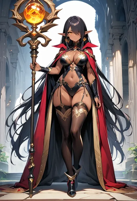 (masterpiece:1.2), (highest quality:1.2), 1girl, solo, pointy-ears, dark-skin, breasts, dark-skinned-female, staff, transparent-background, dark-elf, large-breasts, black-hair, cape, elf, earrings, full-body, jewelry, tattoo, thighhighs, hair-over-one-eye,...