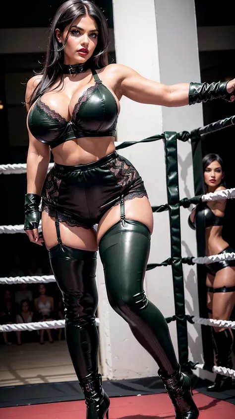 Sexy woman, captured in ultra high resolution with photorealistic and beautiful lighting. ((Short, straight jet black hair:1.5)), (green eyes:1.3), ((olive green leather and lace bra:1.3)), ((tight boxing shorts:1.3)), ((thighhigh nylon stockings:1.3)), ((...