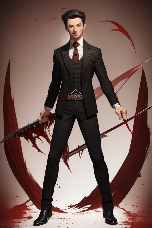 Hugh Jackman Van Helsing 1930s Vampire short black hair vintage pointed ears red eyes Stempunk hunter clothing Van Helsing vintage black decorations Steampunk holding a blood sword looking directly at viewer red background