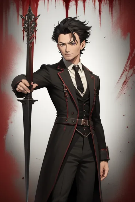 Hugh Jackman Van Helsing 1930s Vampire short black hair vintage pointed ears red eyes Stempunk hunter clothing Van Helsing vintage black decorations Steampunk holding a blood sword looking directly at viewer red background