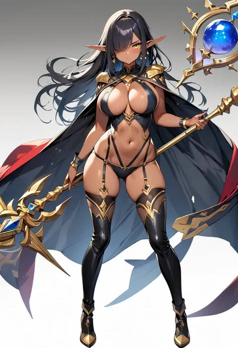 (masterpiece:1.2), (highest quality:1.2), 1girl, solo, pointy-ears, dark-skin, breasts, dark-skinned-female, staff, transparent-background, dark-elf, large-breasts, black-hair, cape, elf, earrings, full-body, jewelry, tattoo, thighhighs, hair-over-one-eye,...