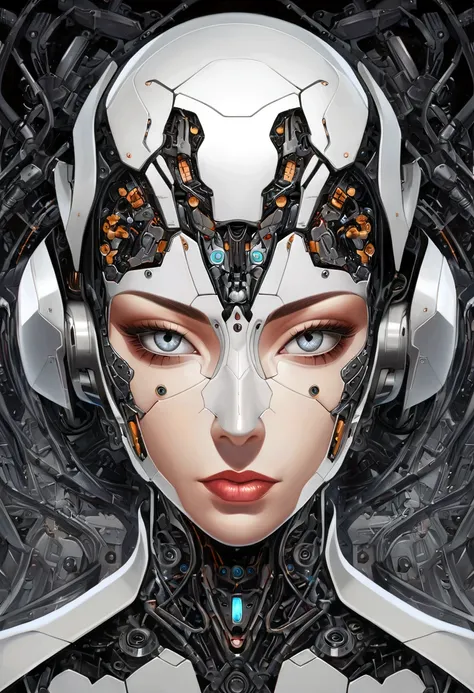 painting of a woman with a dotted head and black and white face, metallic face portrait, swanland radius, tristan eaton, detailed portrait of a cyborg, portrait of a cyborg, humanoid portrait, adrian borda, cyborg portrait, intricate transhuman, symetry!! ...