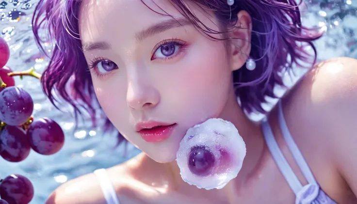 Summer Purple Grape Girl，Dopamine teenage， Cool summer days，Ice cubes，The watery girl，Delicate skin，Hydration，Shiny，Shiny，dream，Front view，bust，pearl，Purple grape fruit