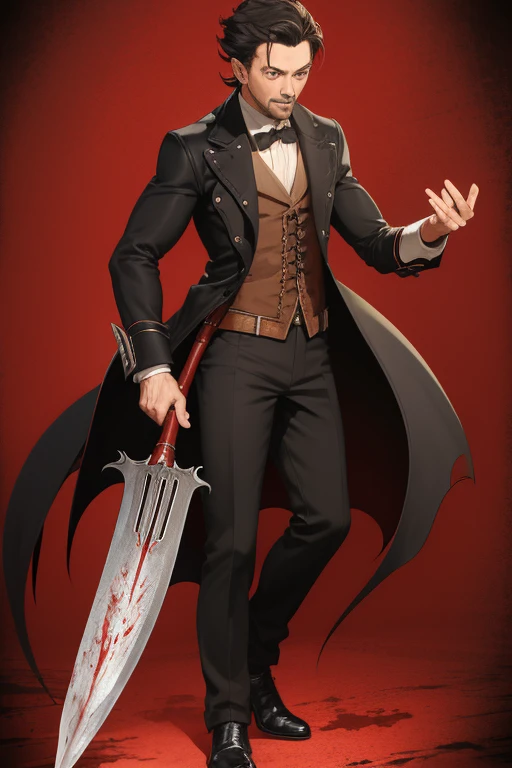 Hugh Jackman Van Helsing 1930s Vampire short black hair vintage pointed ears red eyes Stempunk hunter clothing Van Helsing vintage black decorations Steampunk holding a blood sword looking directly at viewer red background