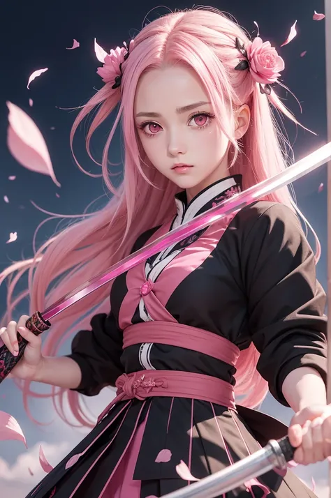 Criar manga kimetsu no yaiba anime, woman with light pink hair and dark pink eyes with petal sword