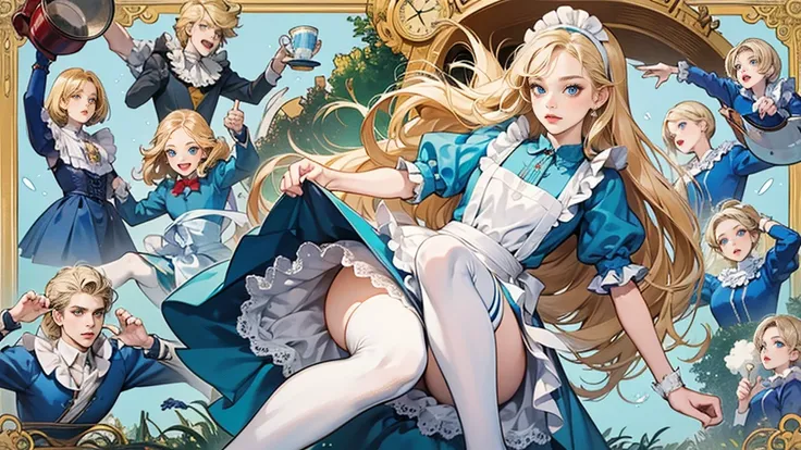 masterpiece, Highest quality, Portraiture, One Girl, (Alice in Wonderland:1.2), Blue clothes, White apron, Blonde, blue eyes, Usagi, Trump, Tea cup, White lace thigh high socks, Miniskirt lift, Dynamic pose,Retro