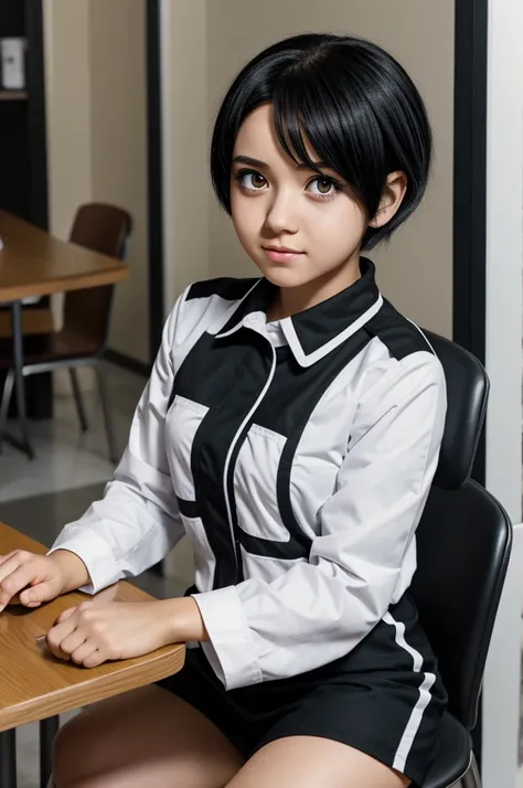 Girl from boku no hero academia with big black eyes with short black hair with white highlights wearing the UA uniform sitting at a table