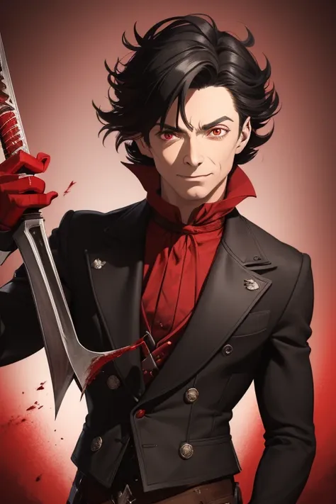 Hugh Jackman Van Helsing 1930s Vampire short black hair vintage pointed ears red eyes Stempunk hunter clothing Van Helsing vintage black decorations Steampunk holding a blood sword looking directly at viewer red background