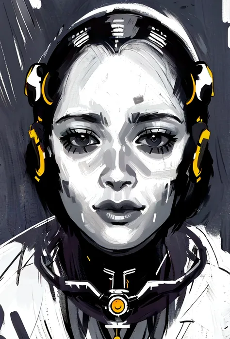 painting of a woman with a dotted head and black and white face, metallic face portrait, swanland radius, tristan eaton, detailed portrait of a cyborg, portrait of a cyborg, humanoid portrait, adrian borda, cyborg portrait, intricate transhuman, symetry!! ...