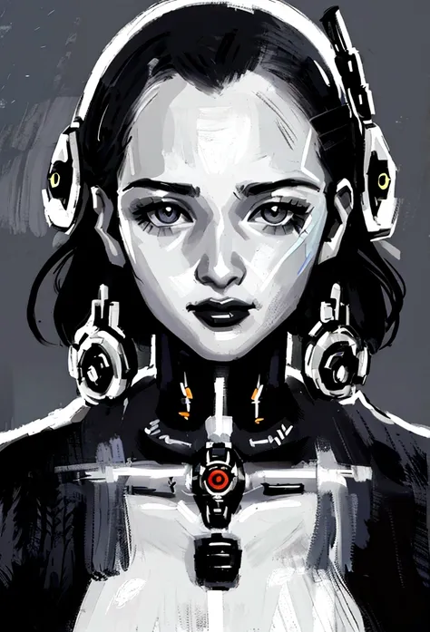 painting of a woman with a dotted head and black and white face, metallic face portrait, swanland radius, tristan eaton, detailed portrait of a cyborg, portrait of a cyborg, humanoid portrait, adrian borda, cyborg portrait, intricate transhuman, symetry!! ...