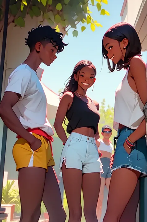 two young women in shorts with two young men wearing shorts, at bbq, outdoor grill, distance shot, happy, talking