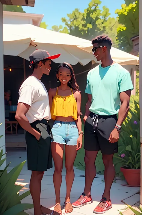 two young women in shorts with two young men wearing shorts, at bbq, outdoor grill, distance shot, happy, talking