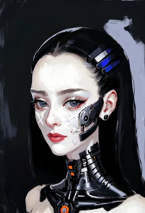 painting of a woman with a dotted head and black and white face, metallic face portrait, swanland radius, tristan eaton, detailed portrait of a cyborg, portrait of a cyborg, humanoid portrait, adrian borda, cyborg portrait, intricate transhuman, symetry!! ...