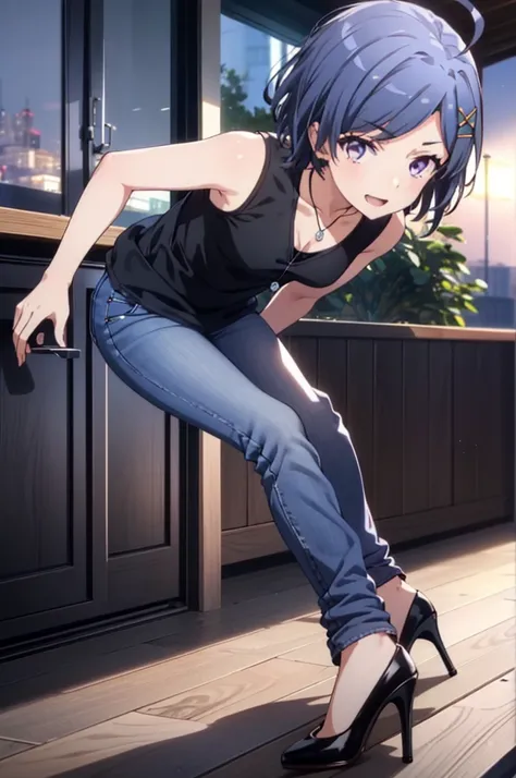 komachihikigaya, komachi hikigaya, short hair, Black Hair, hair ornaments, Ahoge, Hair Clip, x hair ornaments, (Purple eyes:1.1), tooth, happy smile, smile, Open your mouth, black tank top shirt,Locket Necklace,Skinny jeans,Stiletto heels,morning,morning陽,...