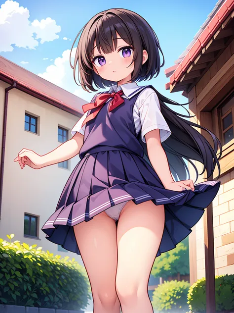 (High quality), (masterpiece), (very detailed), girl, (small chest), short brown hair, purple eyes, shy face, (primary school loli), showing her thighs, on the school yard, sunny, camera angle from below, adorable eyes, (primar school uniform), panties, (s...