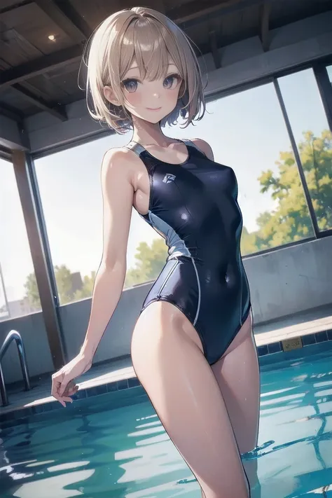 high quality, 最high quality, Complete limbs, Ultra-high resolution, Bright light, cute girl, Slender beauty, smile, Wearing a shiny school swimsuit, Glowing Skin, Tiny Breasts, Pool