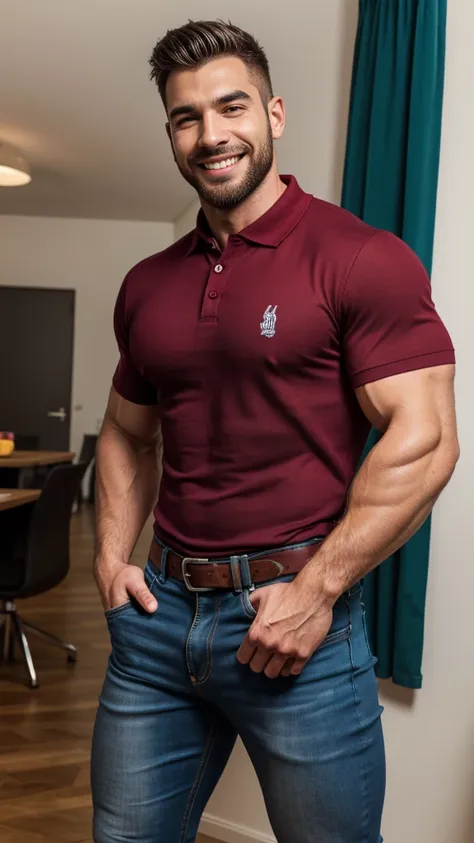 handsome muscular man beard, strong and muscular legs, big lump, artwork, sonriendo, super sexy in jeans and burgundy polo shirt...