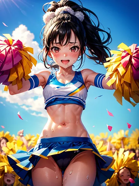 Highest quality,Highest Resolution,Beautiful smiling girl cheerleader holding pom-poms,Sweat flying,Big eyes,Belly button,Underwear that becomes transparent due to sweat,Black hair ponytail,Abdominal muscles,Diagonally below,Arena,support,Outdoor,Sunshine,...