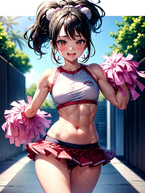 Highest quality,Highest Resolution,Beautiful smiling girl cheerleader holding pom-poms,Sweat flying,Big eyes,Belly button,Underwear that becomes transparent due to sweat,Black hair ponytail,Abdominal muscles,Diagonally below,Arena,support,Outdoor,Sunshine,...