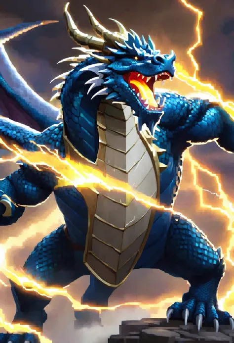 old large dragon breathing animated lightening, on a hero who is holding a shield to protect themselves from the lightening