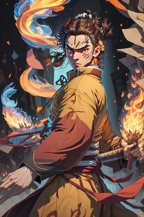 ((best qualityer)), ((work of art)), (detailded), (8k resolution), Kimetsu no Yaiba, adult man, experienced swordsman, Katana rich in details, red traces on the face, Red neon aura, flames in the background, white kimono, Slightly dark hair, groundbreaking...