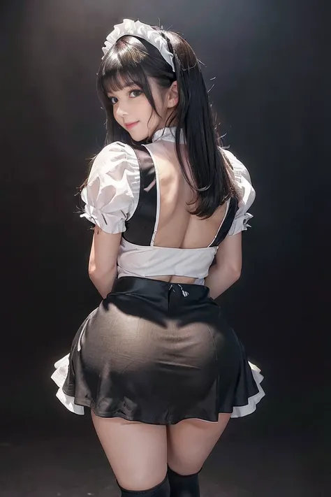 Highest quality, Super detailed, High resolution, 8K images),She has a cheerful personality，Cute Smile.(large and impressive eyes, Long eyelashes),((Tight mini skirt maid outfit:1.4)) ((hair, 滑らかで輝くhair)), (Long side bangs:1.3), (Beautiful Skin:1.2), (Slen...