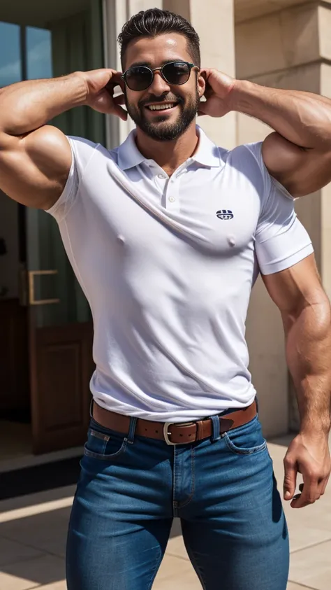 Handsome muscular man beard sunglasses, strong and muscular legs, big lump, artwork, super sexy in jeans and white polo shirt with blackstripes 8k ultra realistic masterpiece great detail next to a font super muscular , sexy , sonriendo 