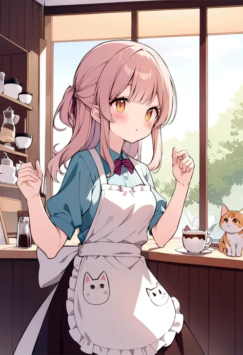 An illustration、Cat Cafe、Cute clerk、apron