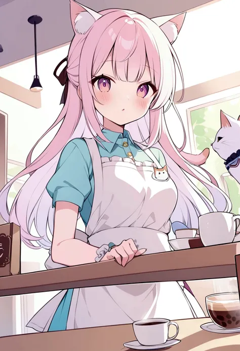 An illustration、Cat Cafe、Cute clerk、apron