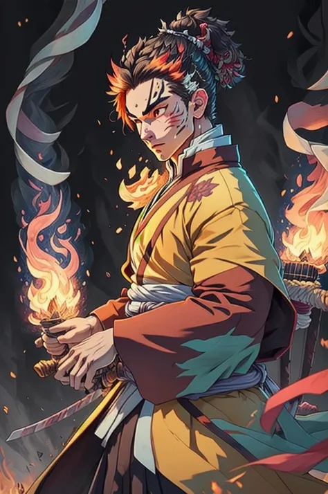 ((best qualityer)), ((work of art)), (detailded), (8k resolution), Kimetsu no Yaiba, adult man, experienced swordsman, Katana rich in details, red traces on the face, Red neon aura, flames in the background, white kimono, Slightly dark hair, groundbreaking...