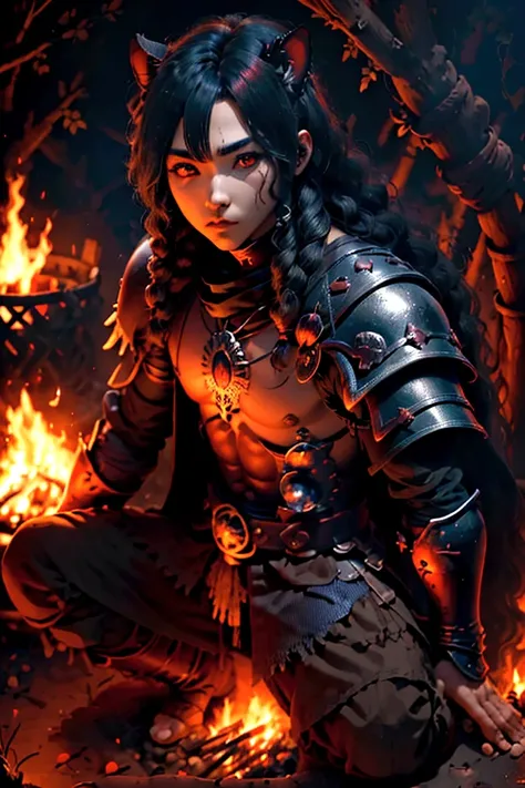 junkotvv pelo largo negro con flequillo y con orejas de gato y ojos rojos a warrior resting in bonfire, high quality, masterpiece, dark theme, dark souls theme,  (fullbody sentada frente a un bonfire )