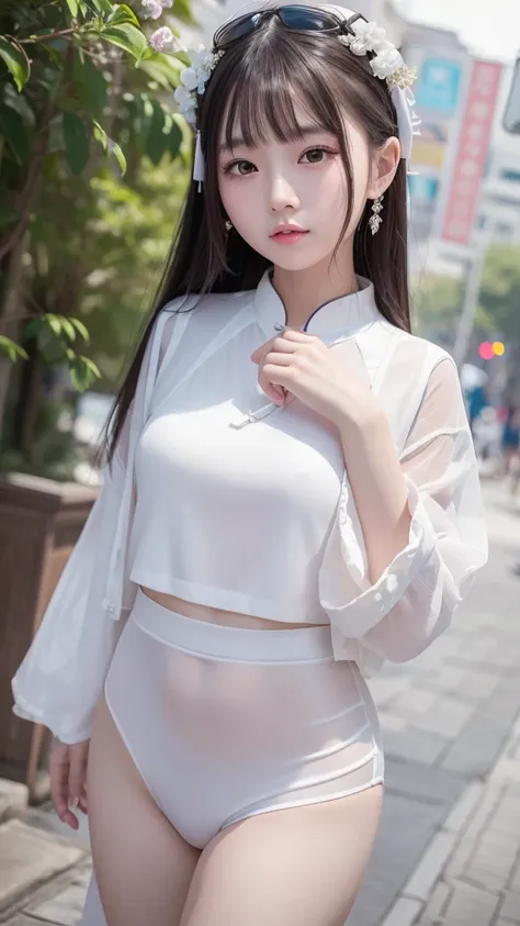 A very cute Chinese girl wearing fashionable clothes, dressed in 2023 womens clothing, with very white and tender skin, ultra-high skin details, complete hand details, 8K, shot by Canon,