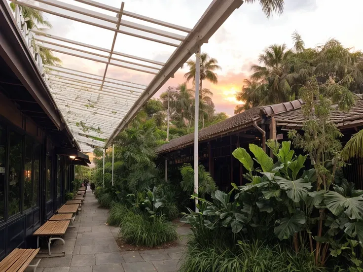 Corridor outside, outdoor, beautiful tropical landscape cafes, stunning flowers, a small pond, benches bar coffee outside , beautiful lighting, ((sunset)), high quality, masterpieces, white umbrellas 